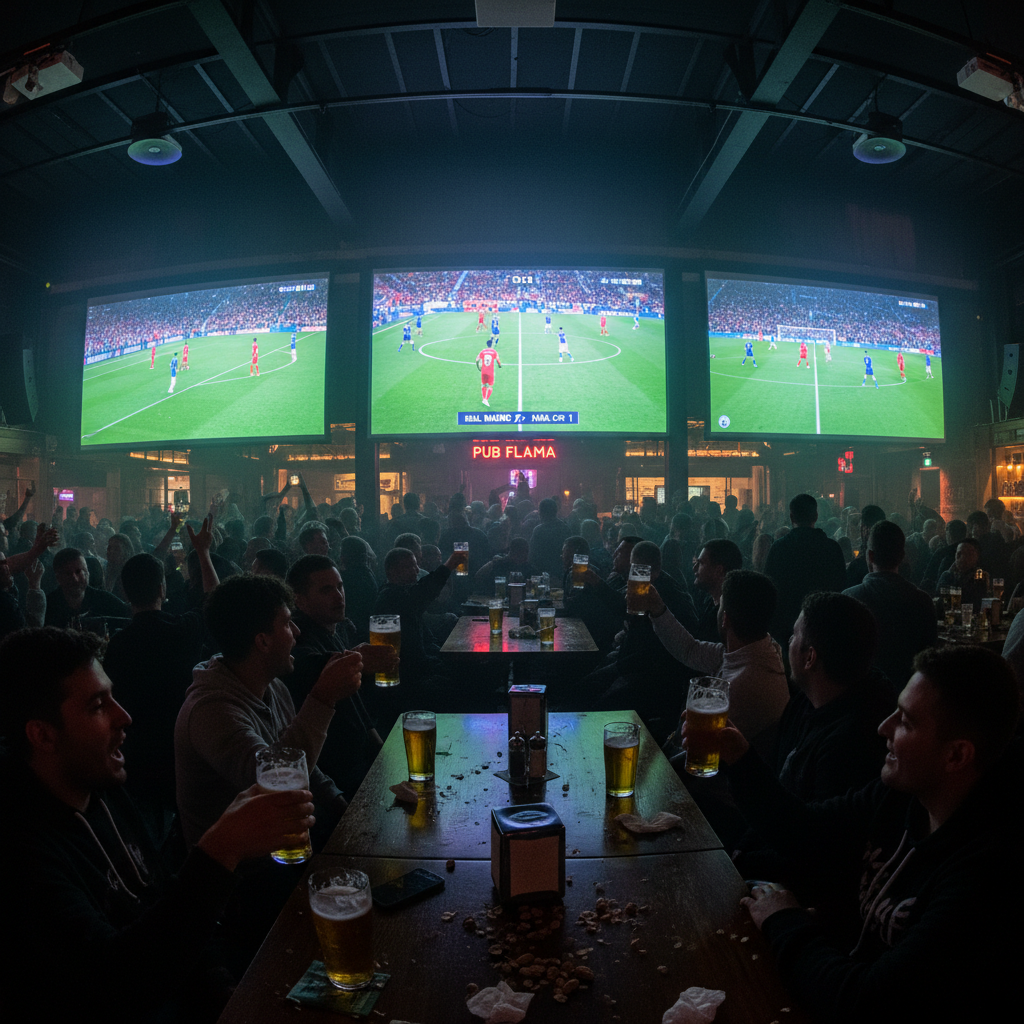 Crowd watching sports on large screens in dark bar, glowing screens, excited fans, dim atmospheric lighting, deep shadows
