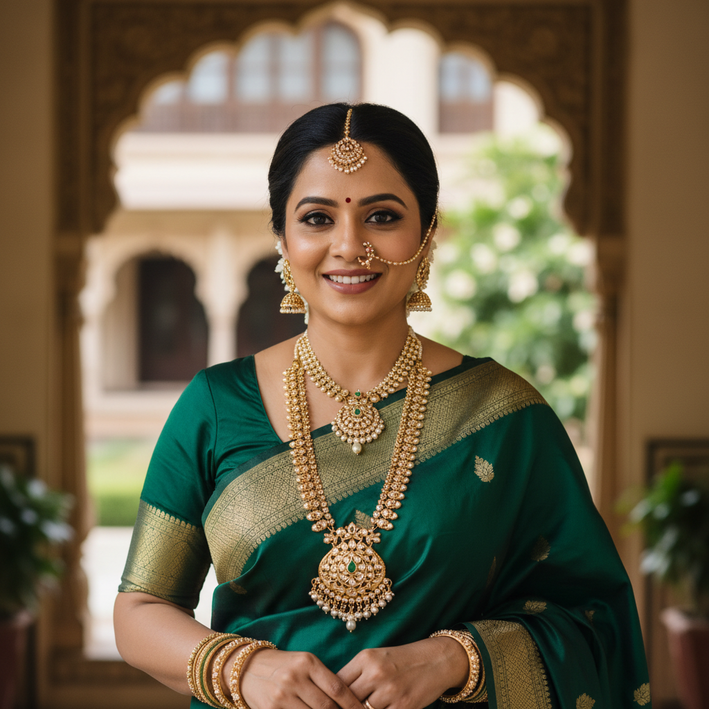 Portrait of a South Asian woman with elegant jewelry and bright smile
