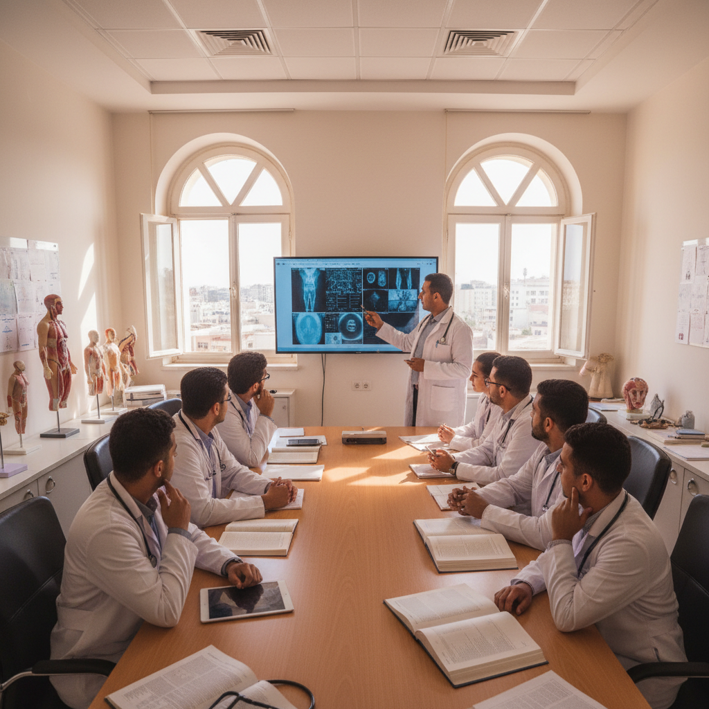 Medical students in white coats listening attentively during a teaching round in a bright hospital ward with large windows