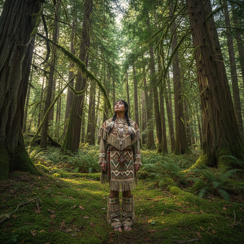 Indigenous woman standing in a forest, soft natural light filtering through cedar trees, looking toward the canopy