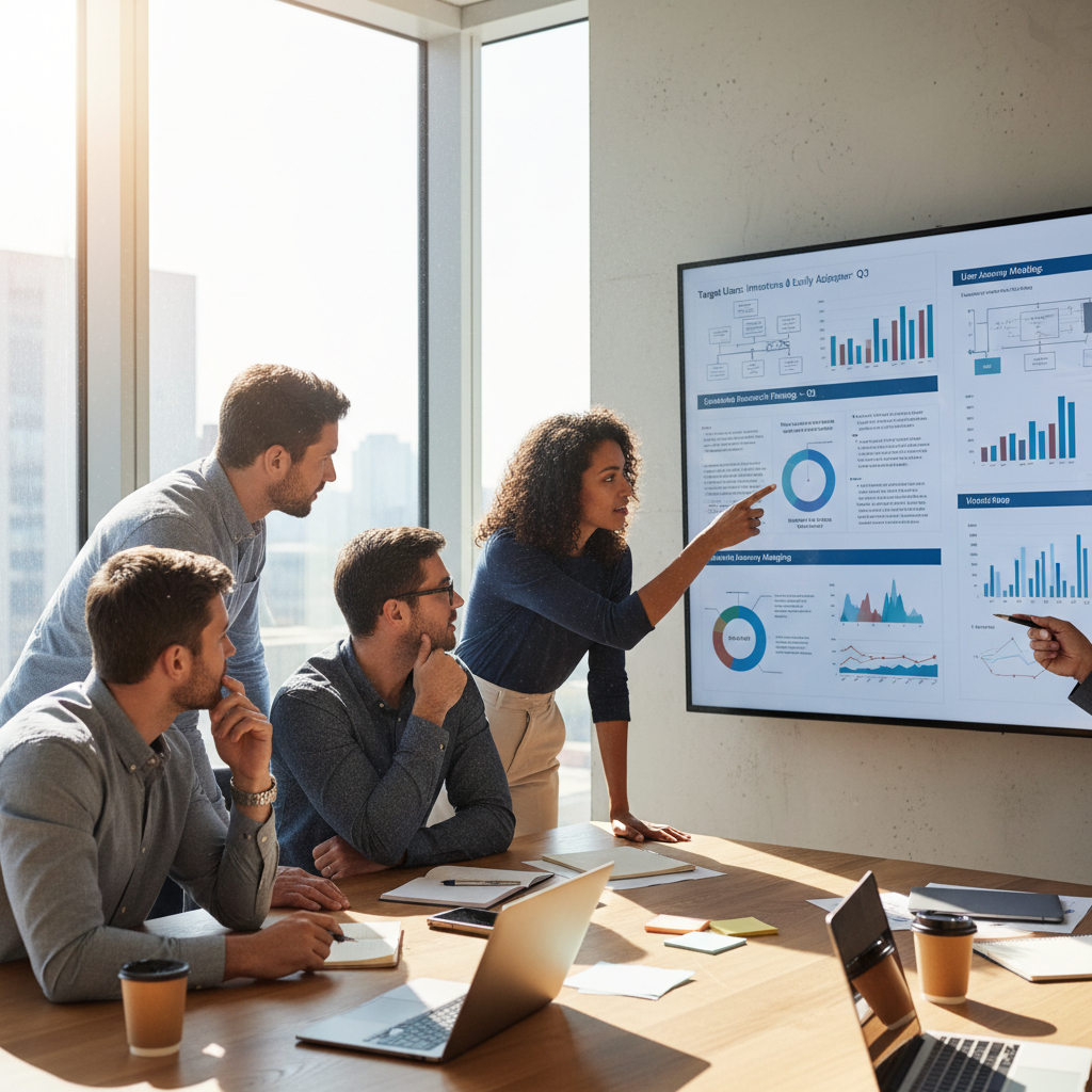 Team of designers reviewing mobile app screens on a large display in a modern open-plan office