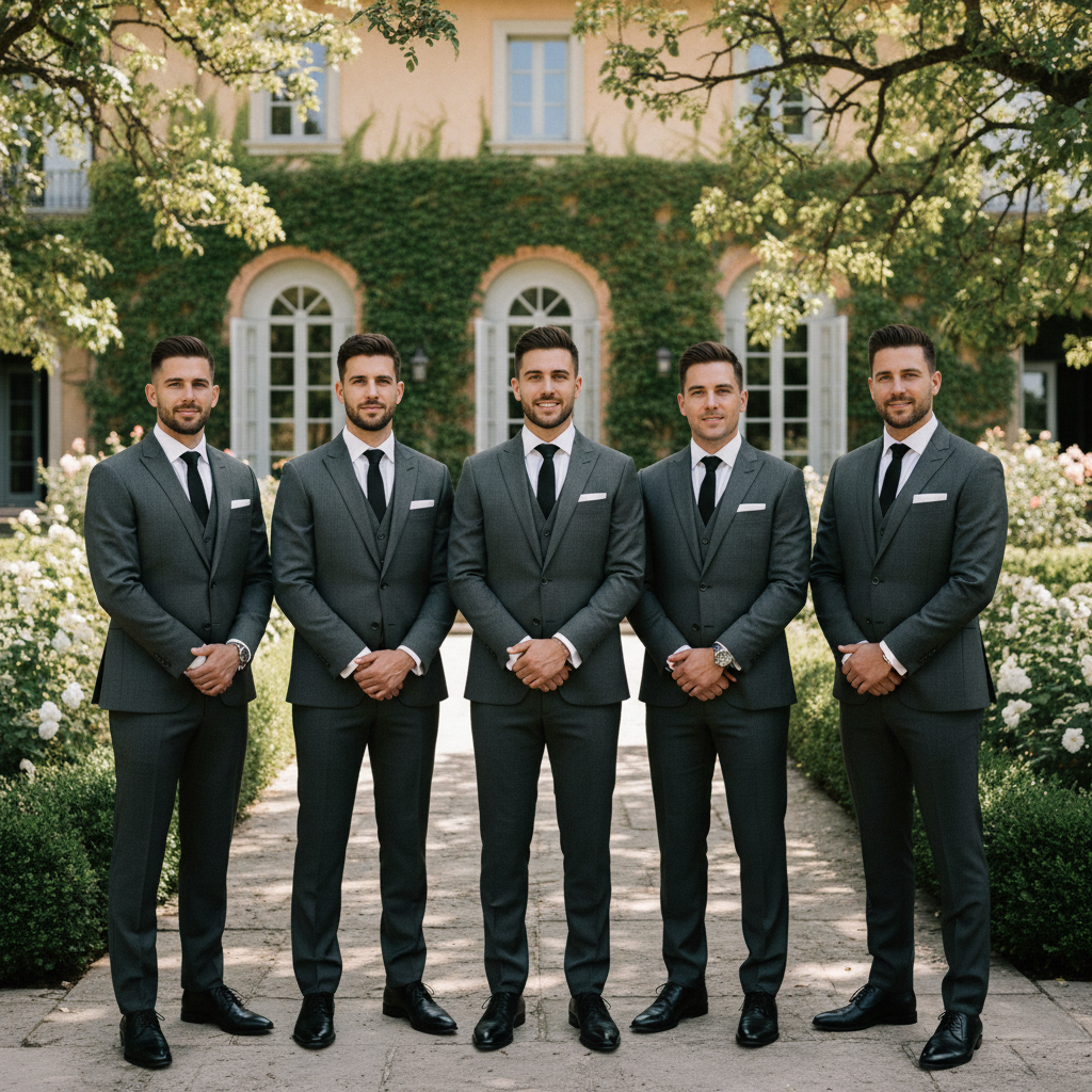 Wedding party groomsmen in coordinated lavender and ivory silk ties standing outdoors