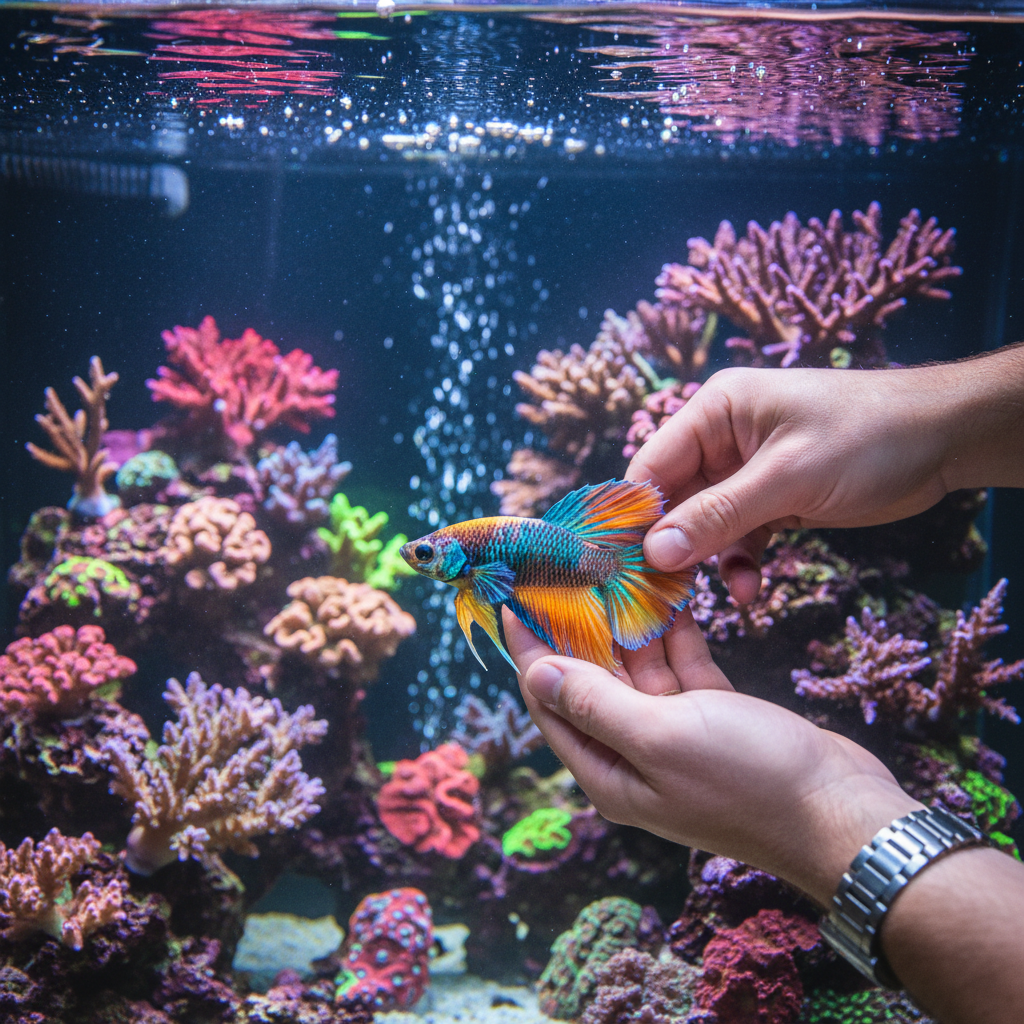 Reef tank hobbyist showing Fin tee beside coral display
