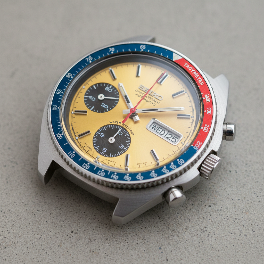 Seiko 6139 chronograph with yellow sunburst dial and pushers visible from front angle