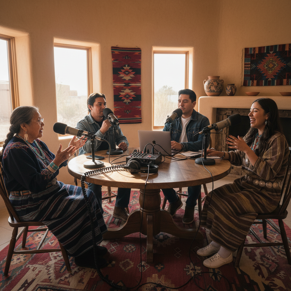 Real production still of Diné storytellers recording a podcast episode together