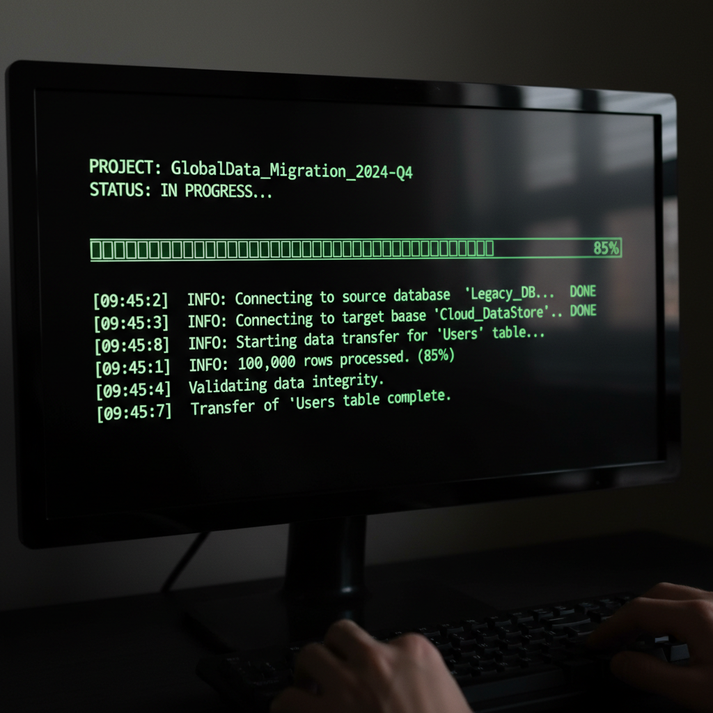 Terminal screen with code migration scripts, dark background, green text on black, server room ambience