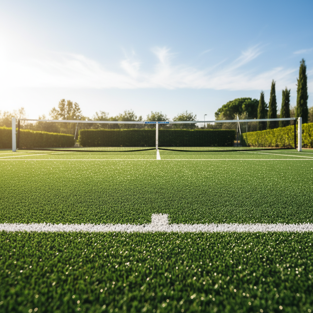 Court detail showing premium turf surface quality and net installation