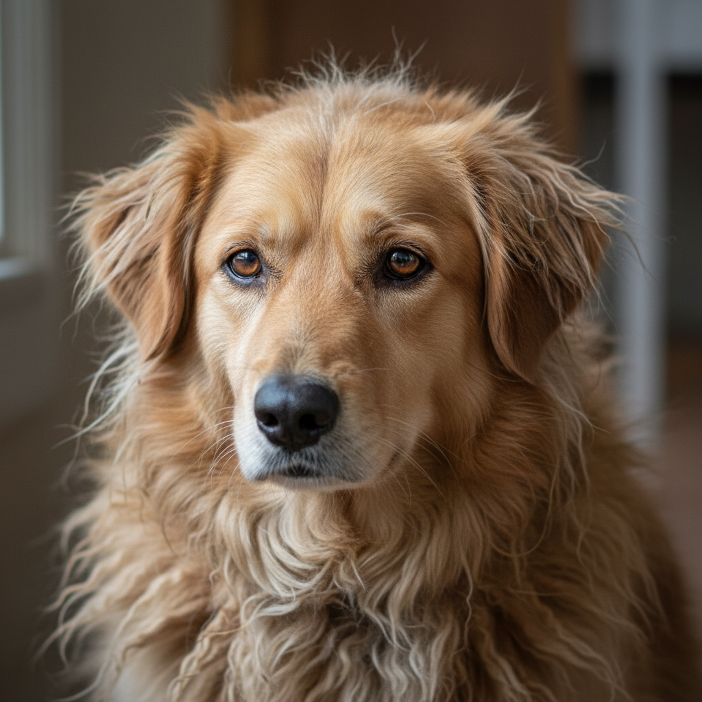 Before and after grooming of a severely matted golden retriever mix