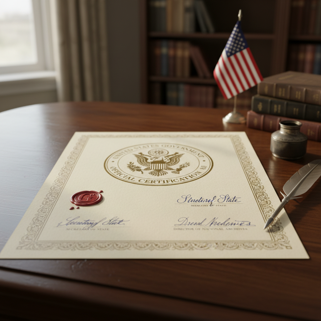 Digital certificate document with official seal and signature on computer screen