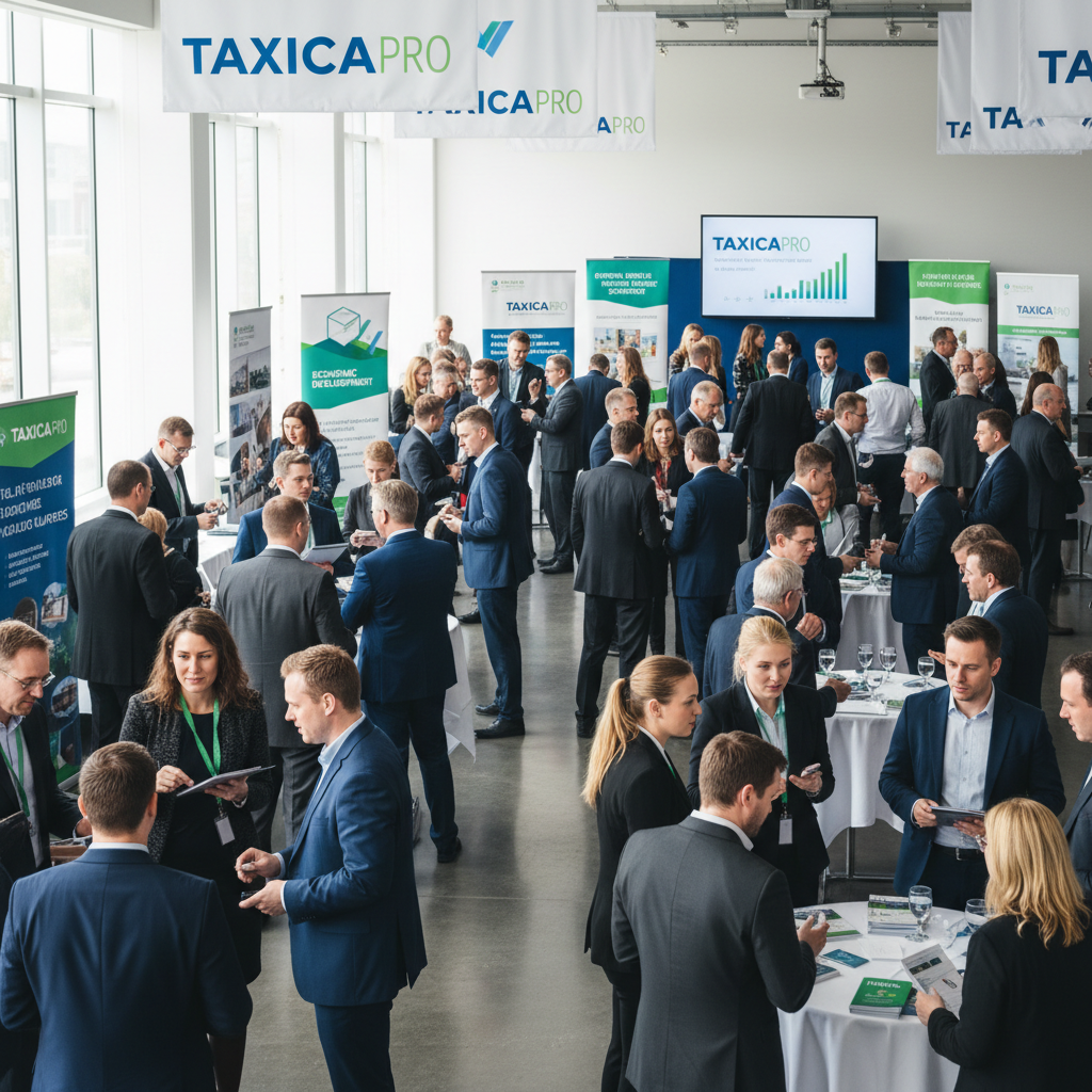 Large professional event banner with corporate branding and colorful graphics at business conference