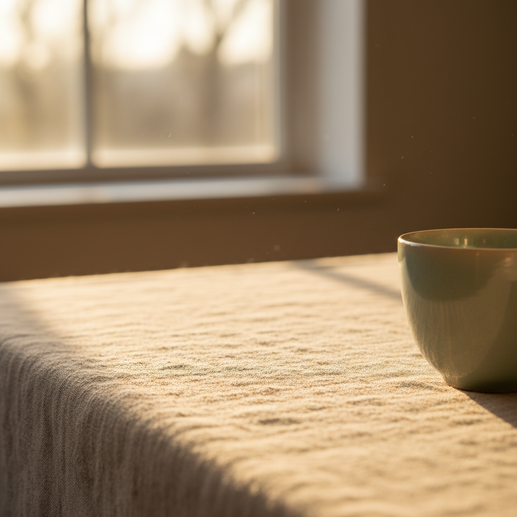 Afternoon light pooling across a worn linen table runner beside a celadon cup