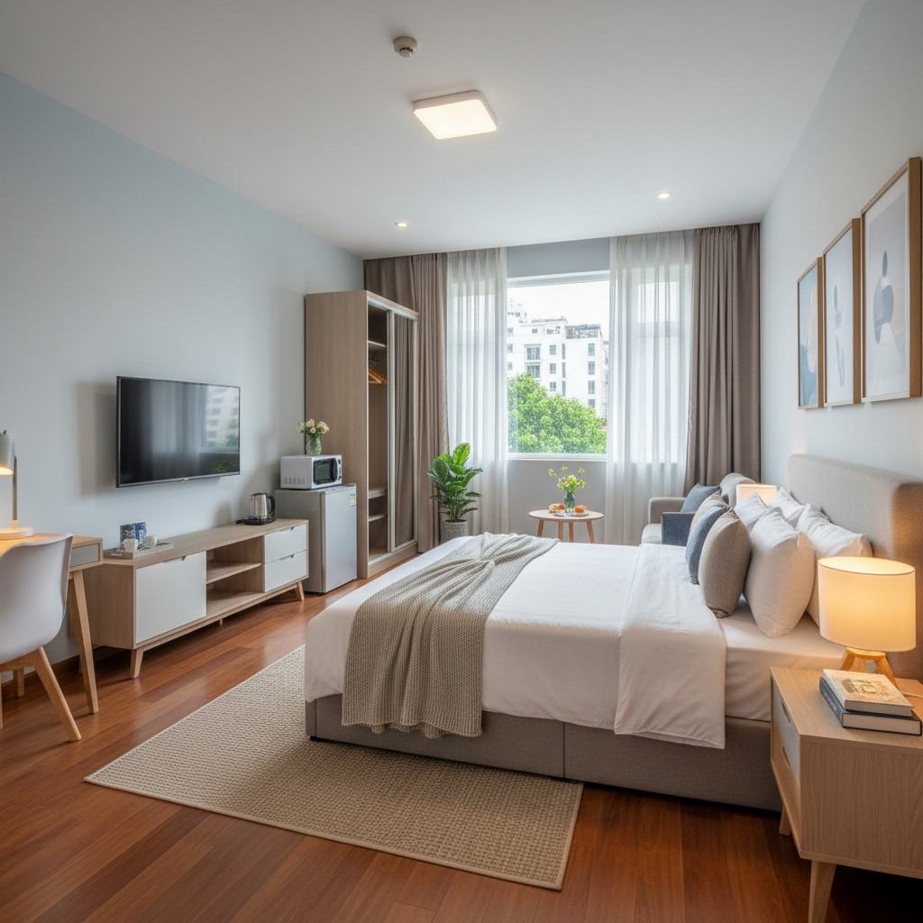 Luxury furnished studio apartment with floor-to-ceiling windows and city skyline view