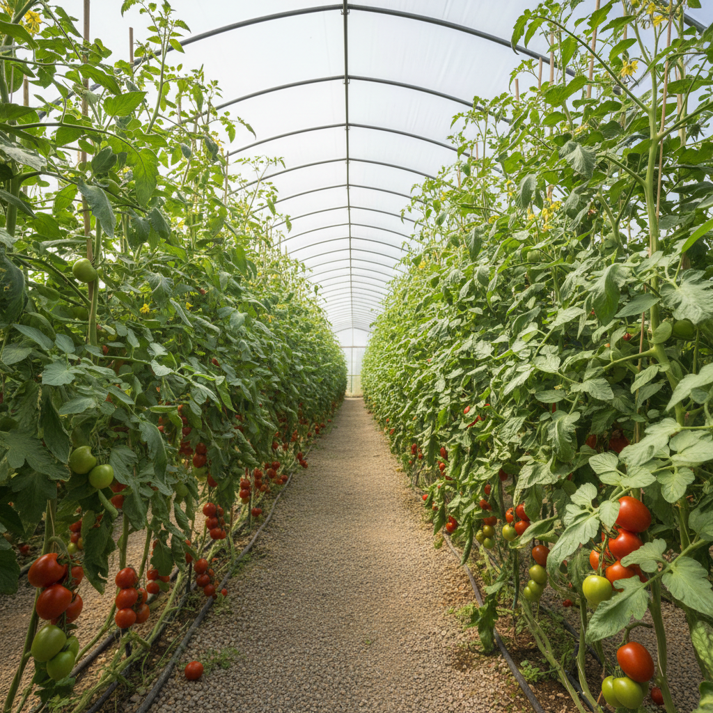 Plantas de tomate sanas y libres de hongos en invernadero colombiano