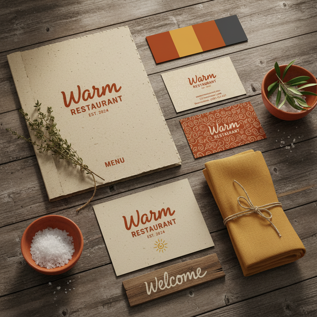 Warm terracotta restaurant branding mockup, handcrafted menu design on linen paper, warm ambient restaurant interior background