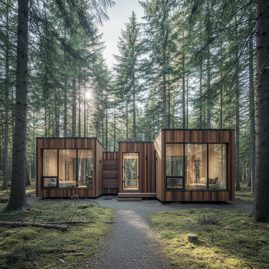Modern modular cabin surrounded by evergreen forest on Olympic Peninsula