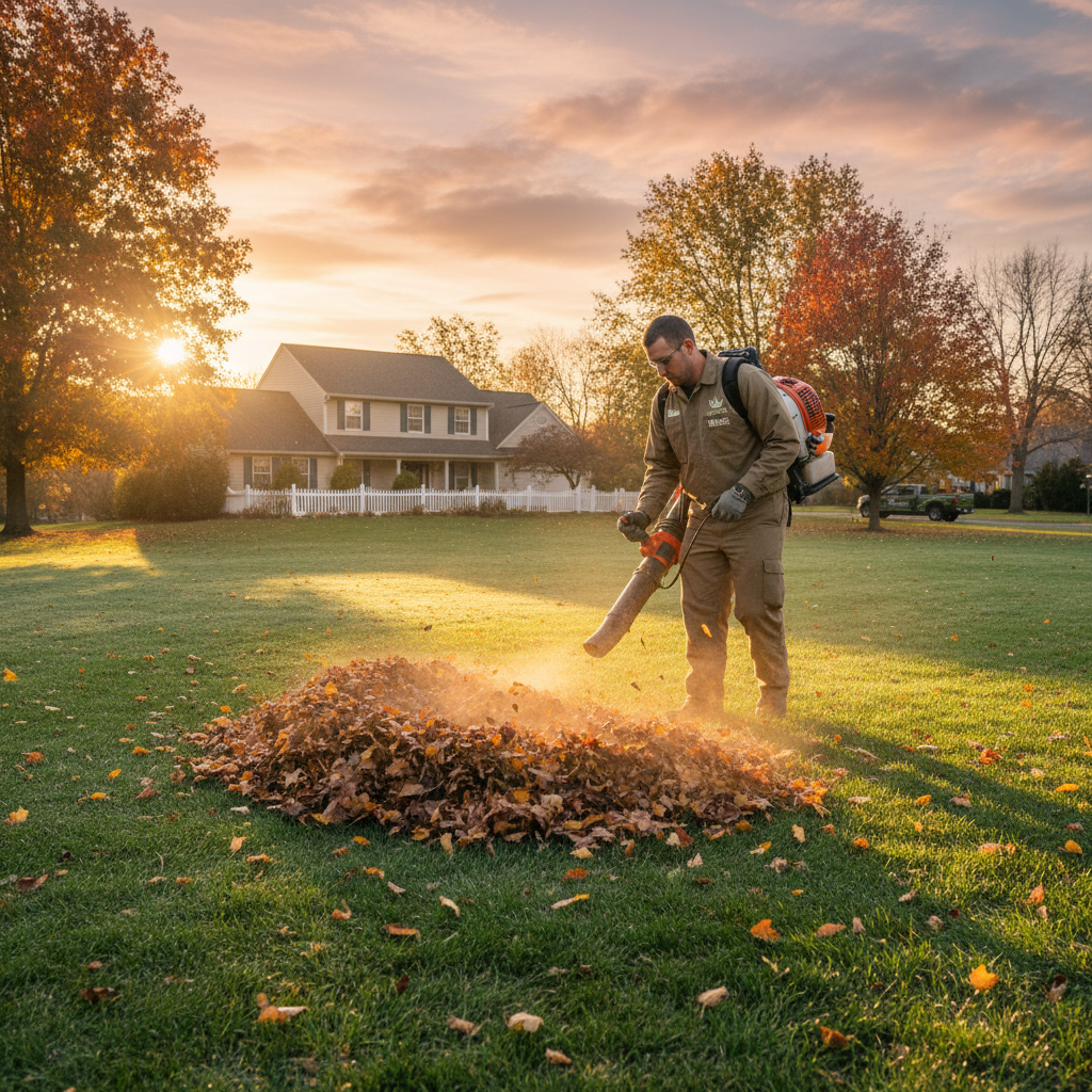 Lawn care professional in Turf uniform using a professional backpack blower on a suburban lawn at golden hour