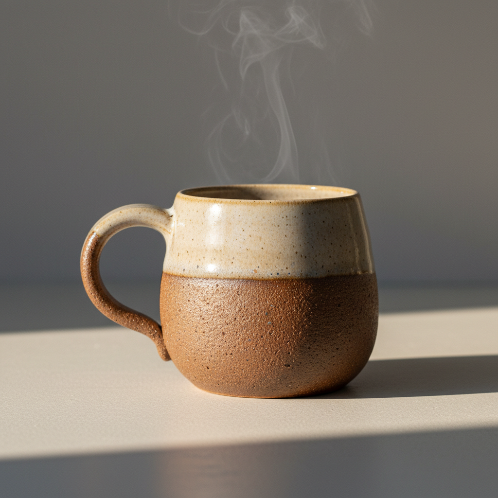 Warm mushroom coffee in ceramic mug, steam rising, dark moody background, morning light