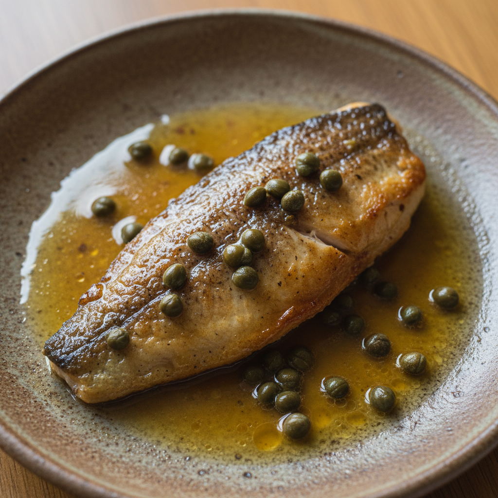 Overhead photograph of pan-seared trout fillet with brown butter sauce and capers on handmade stoneware plate