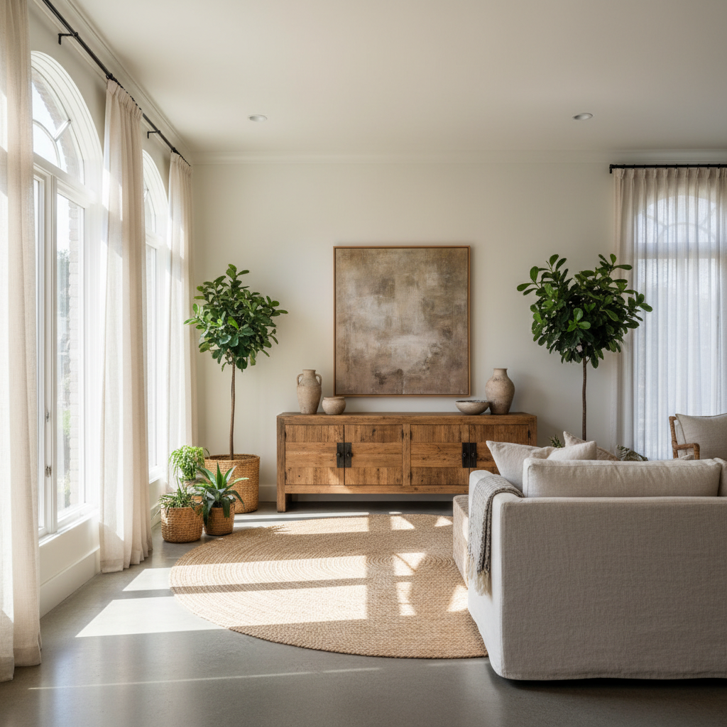 Pacific Heights staged living room with reclaimed oak credenza and organic linen sofa