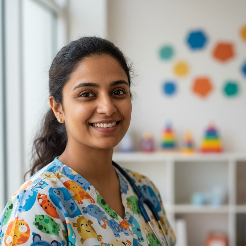 Female Indian pediatrician doctor in white coat, friendly smile, bright modern clinic