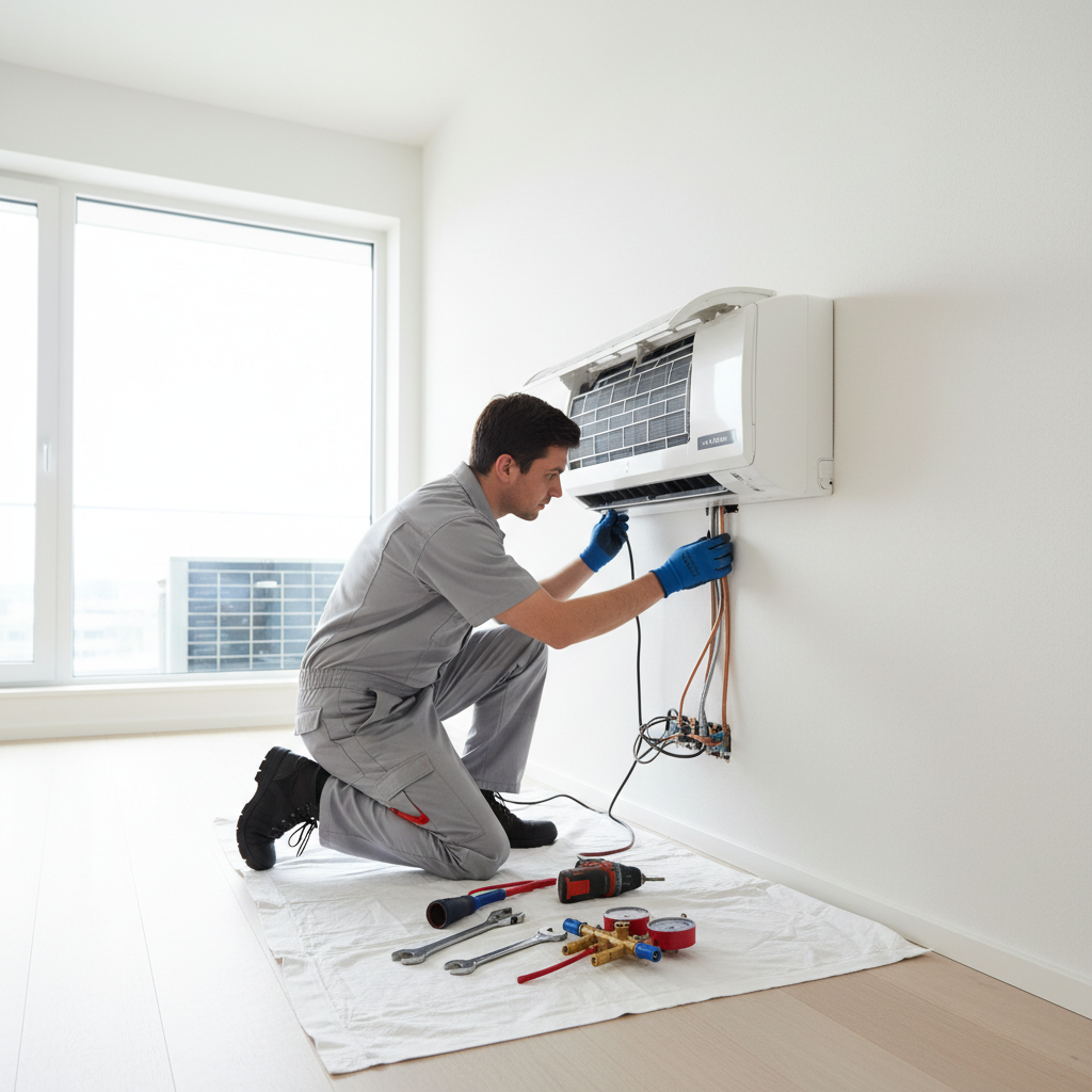 Technician professionally installing a new split air conditioner on a wall in a modern home