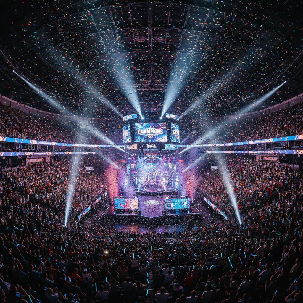 Packed esports arena with confetti cannons firing during championship event