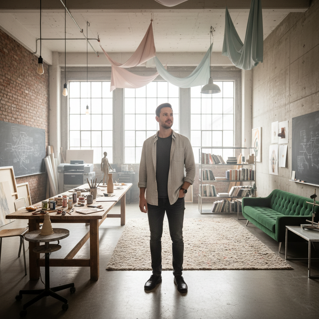 Stylish man in tailored suit, bright open studio, light grey walls, clean minimal environment
