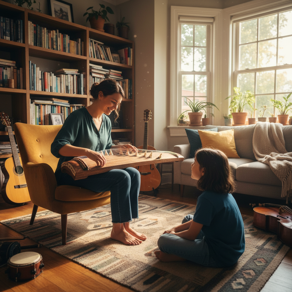 Music instructor at home studio with guitar, warm natural light, focused and approachable expression