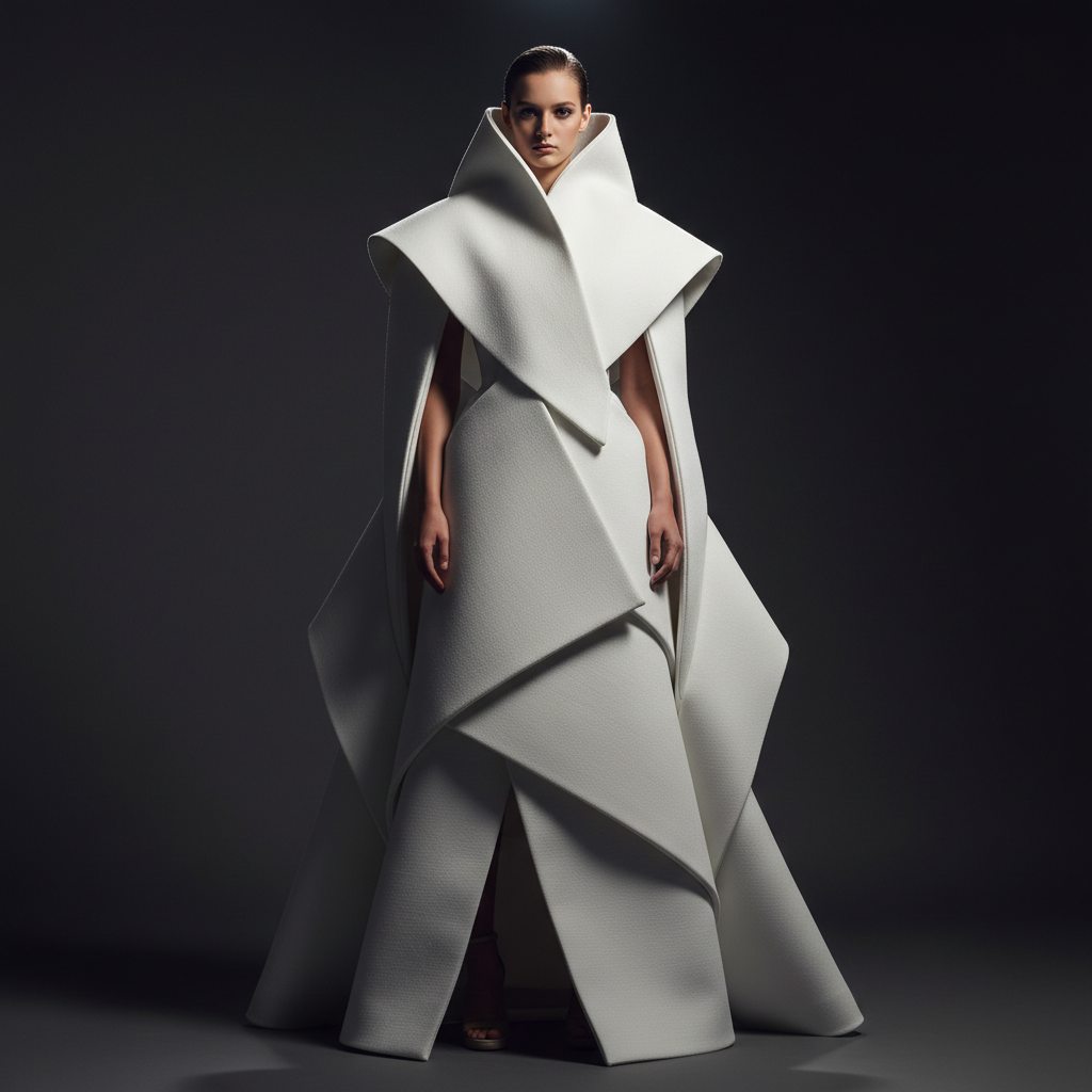 Avant-garde fashion editorial, oversized silhouette, stark white studio lighting, architectural shapes
