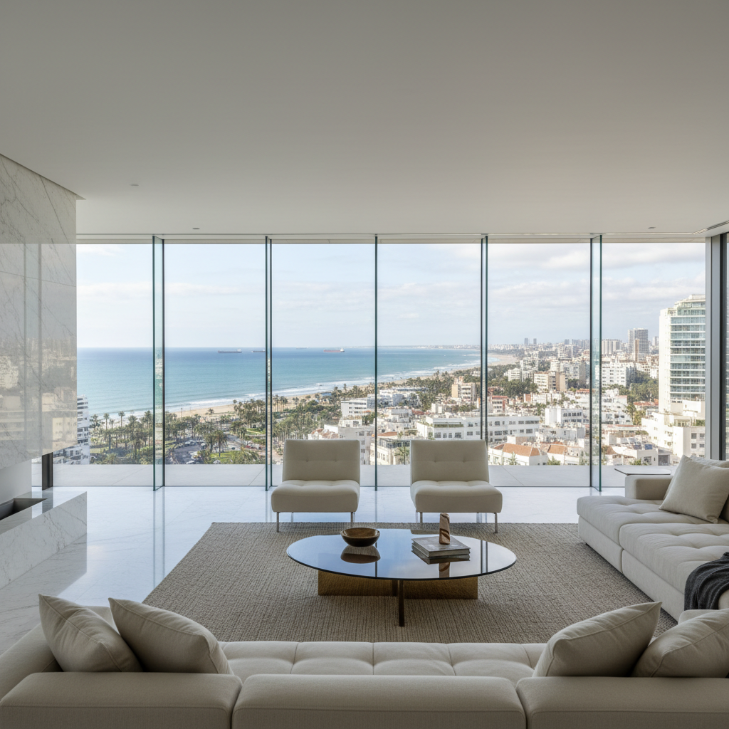 Bright modern apartment living room with panoramic ocean view windows, neutral tones, well-lit interior