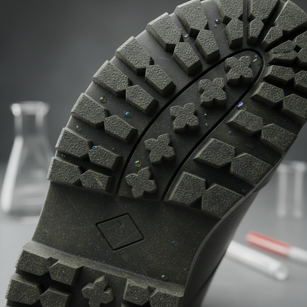 Close-up macro photograph of chemical resistant boot sole tread compound showing pattern geometry and material texture
