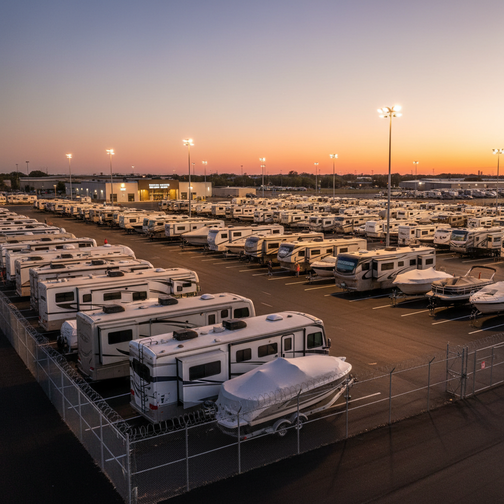 Large secured truck compound with paved surface and bright security lighting at dusk