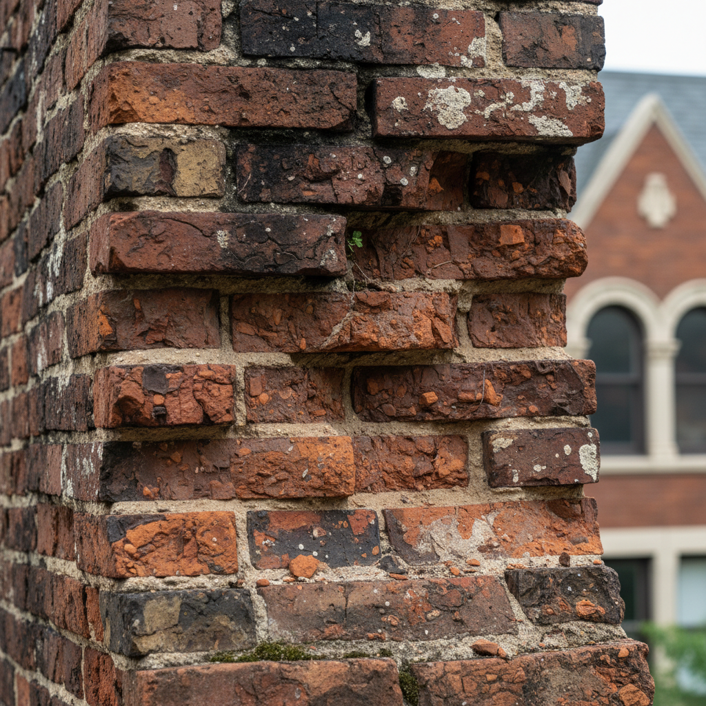 Close-up of deteriorated chimney mortar joints showing deep erosion and spalling brick on 1908 Wicker Park building