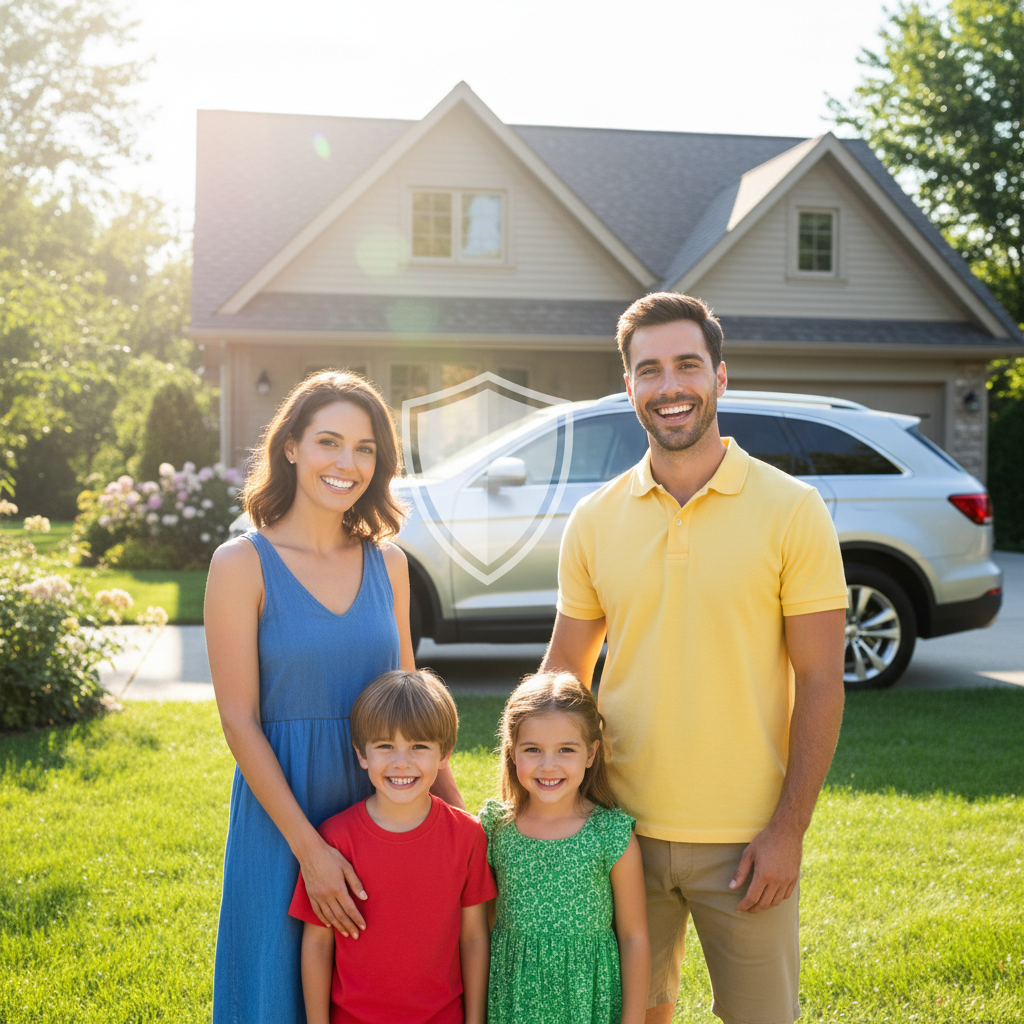 Happy family of four sitting together in a bright living room, representing life insurance protection and security