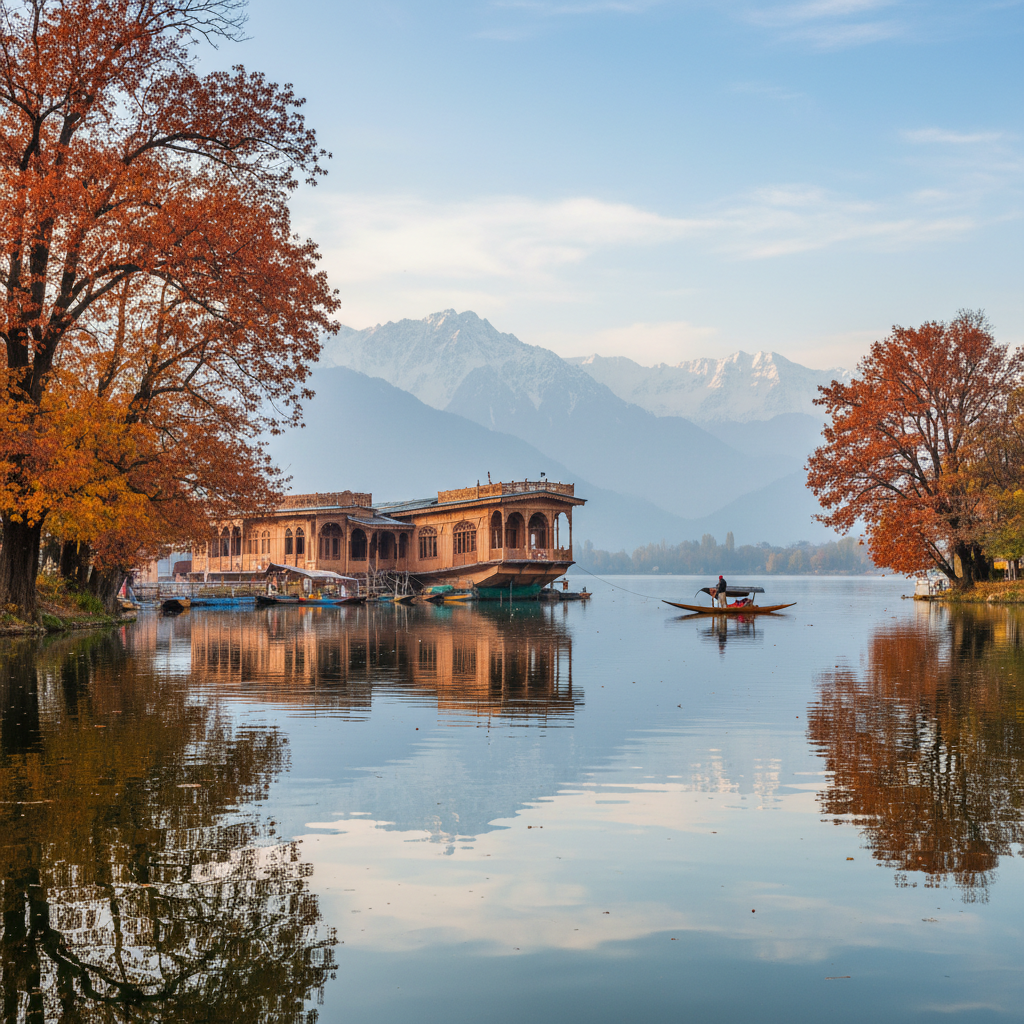Dal Lake Kashmir with shikaras and snow-capped Himalayan mountains in background