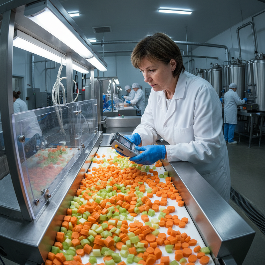 Person inspecting fresh vegetables on sorting table in food processing facility, bright overhead lighting, organized produce sorting