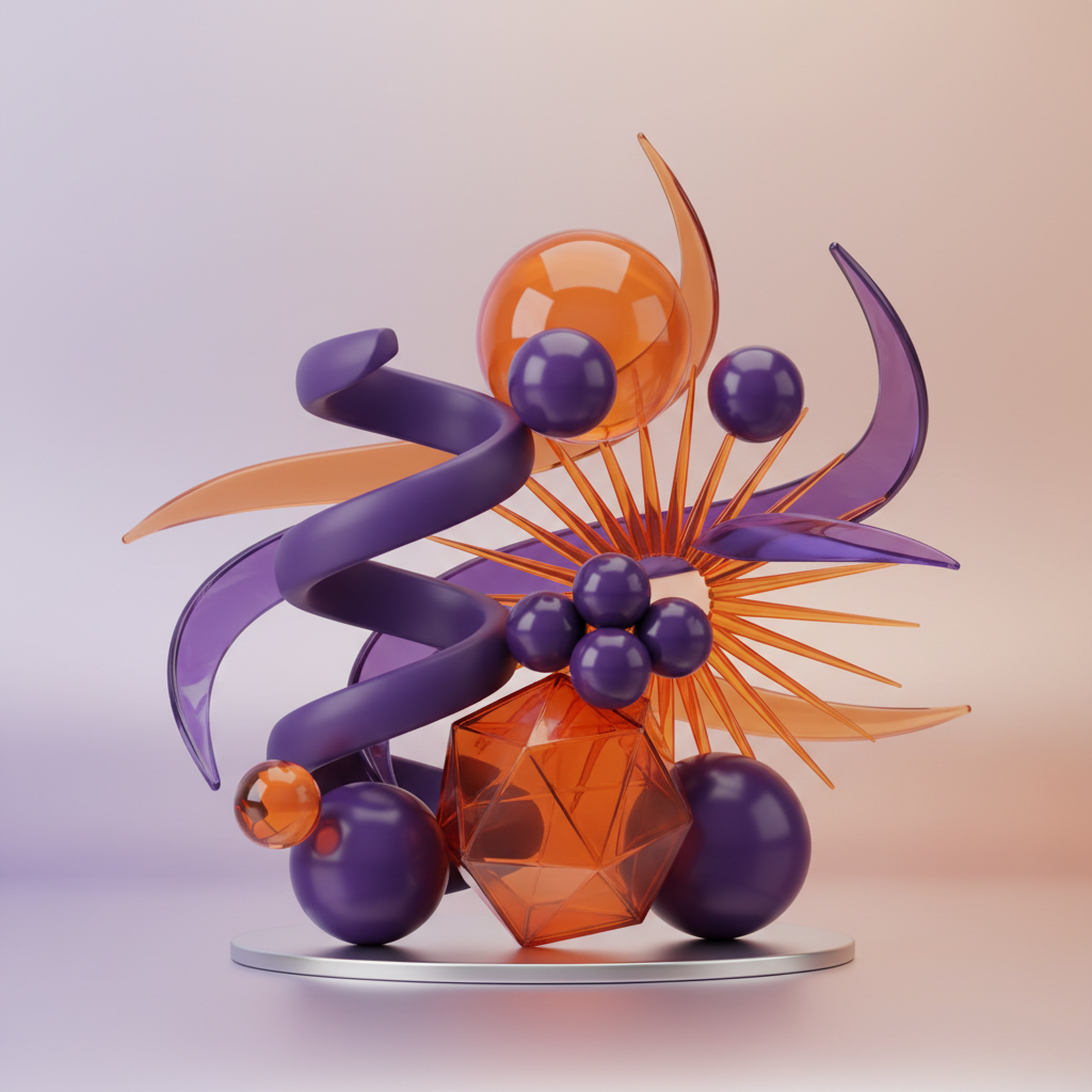 Decorative 3D object group arrangement in purple and orange