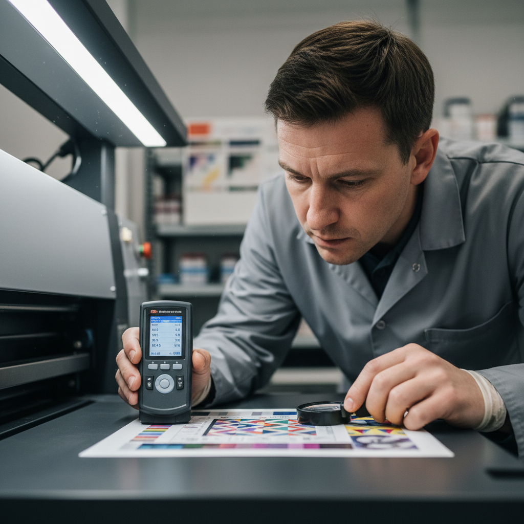 Print technician inspecting high-quality color proof sheets under controlled lighting in a professional pressroom
