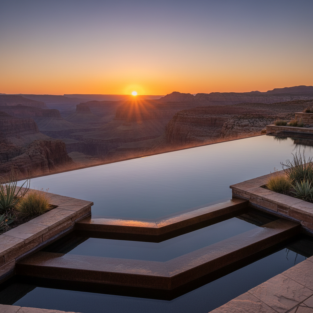 Terraced infinity pool cantilevered over canyon edge at dusk, corten steel reflecting amber light