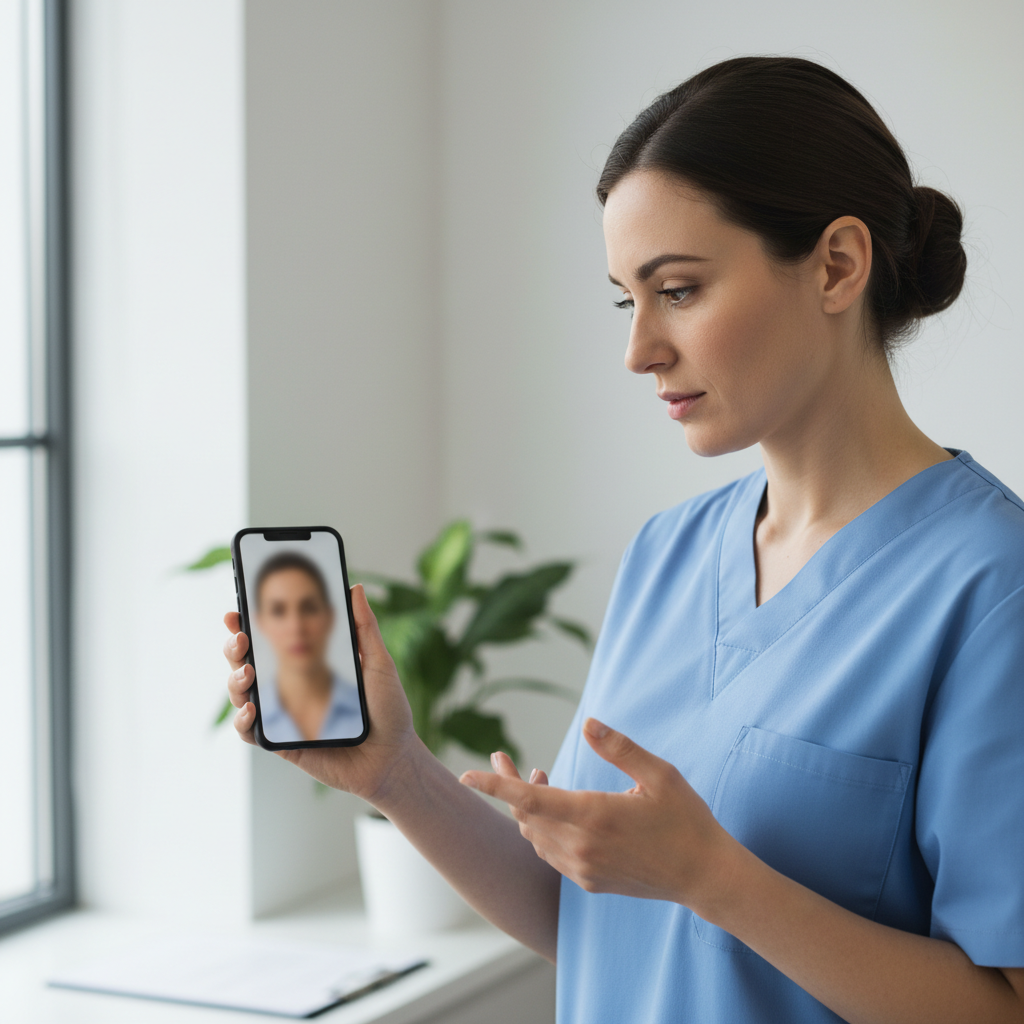 Nurse in scrubs using smartphone for telehealth consultation