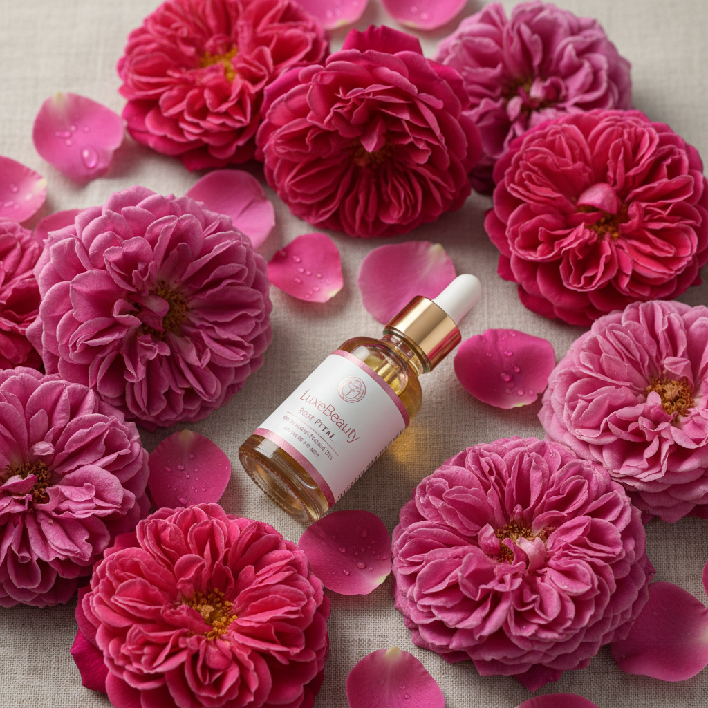 Fresh Bulgarian Damask roses in full bloom used in LuxeBeauty rose petal facial oil