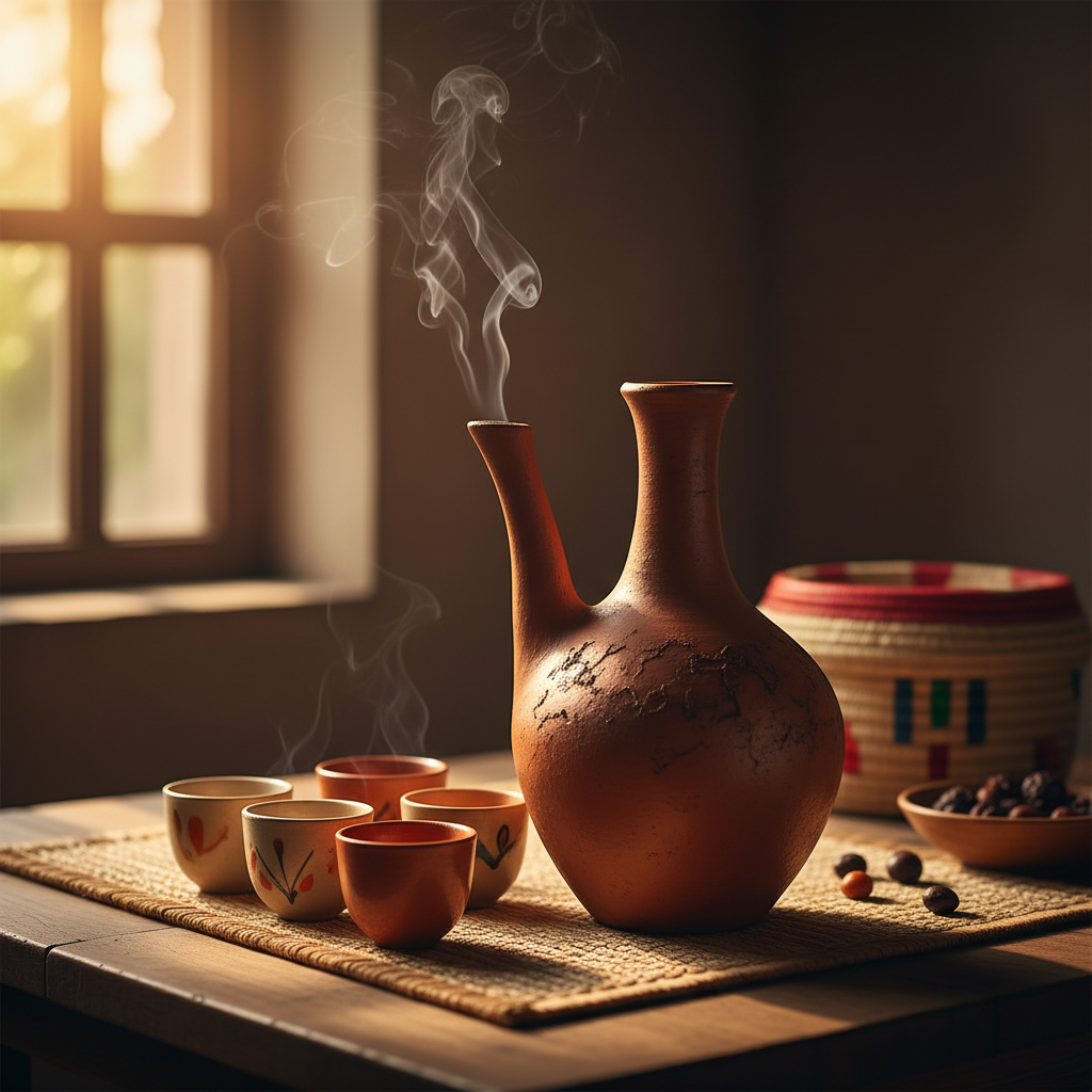 Jabana clay coffee pot with rising steam, small cups alongside