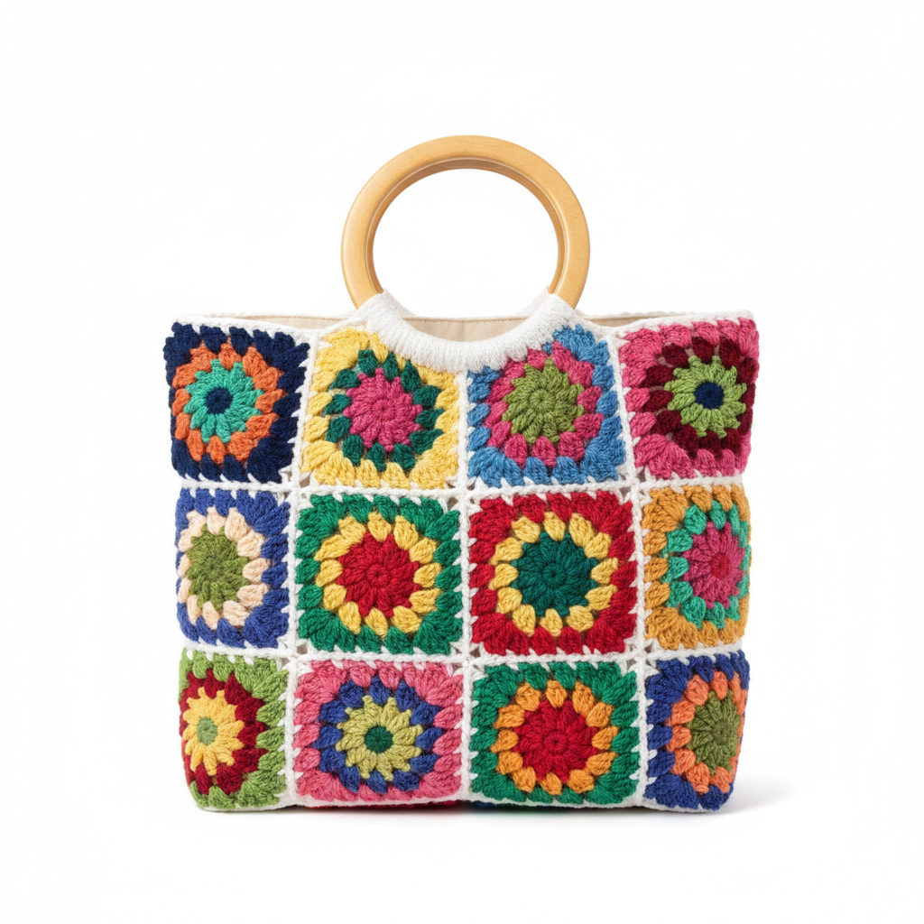 Handmade natural cotton crochet mini tote bag, structured with handles