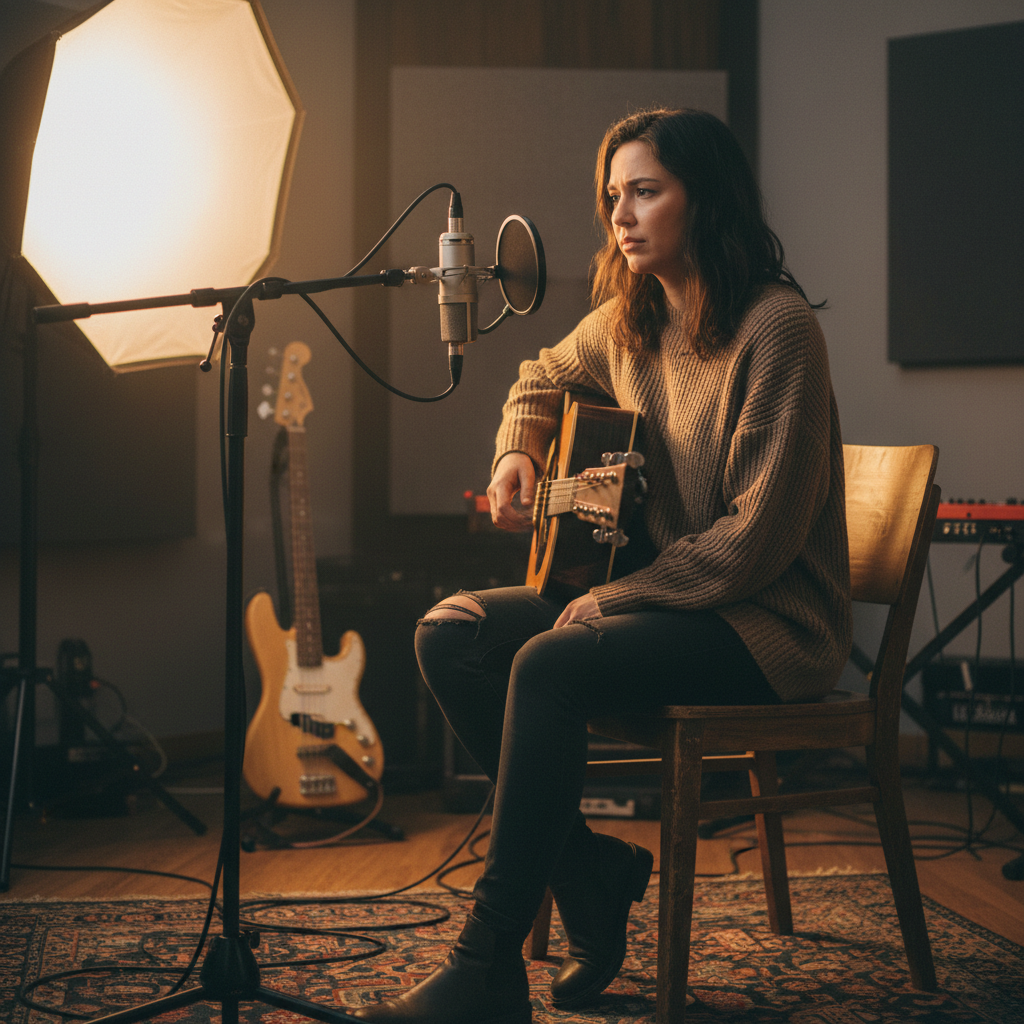 Acoustic guitar in dark studio setting, warm lamp light casting shadows on wooden floor, intimate atmosphere