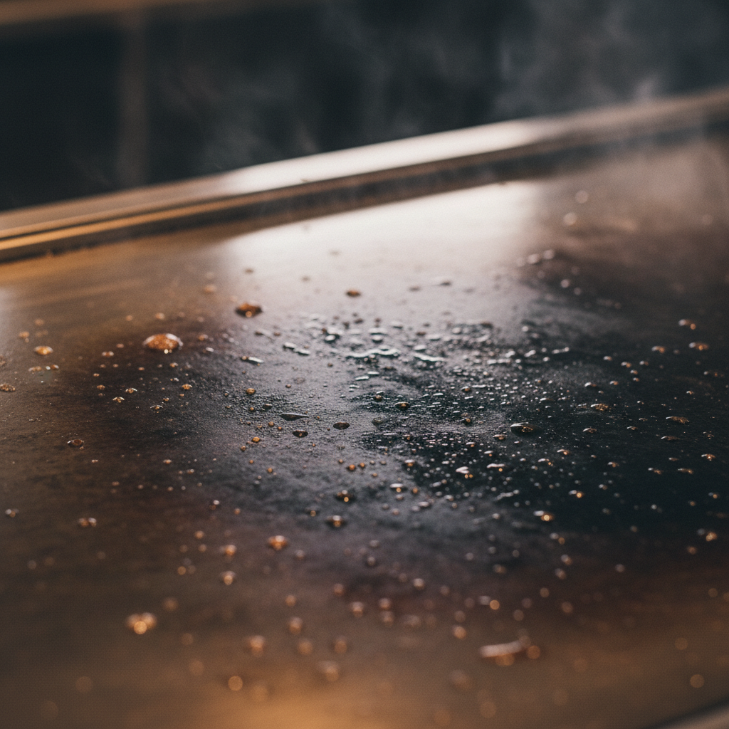 Macro view of seasoned teppanyaki steel plate surface with heat shimmer