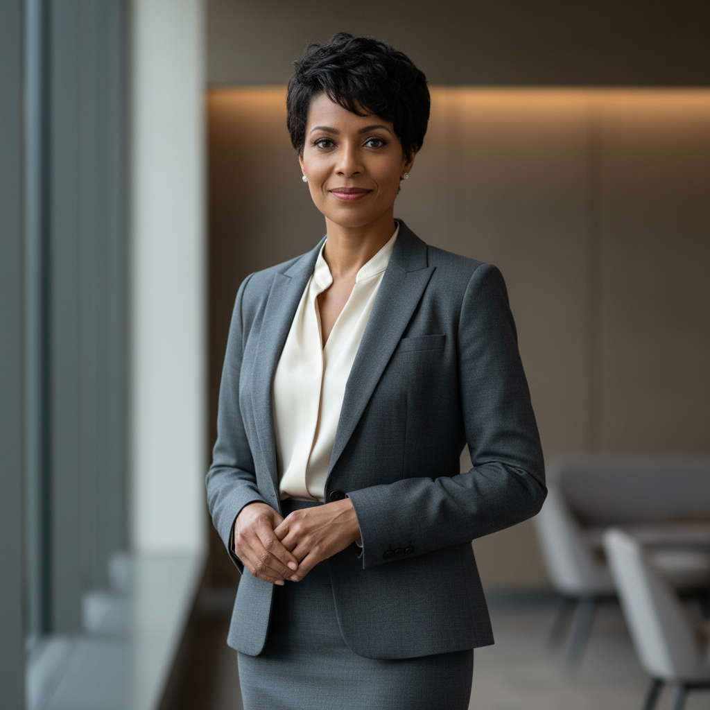 Professional woman with short dark hair in business attire