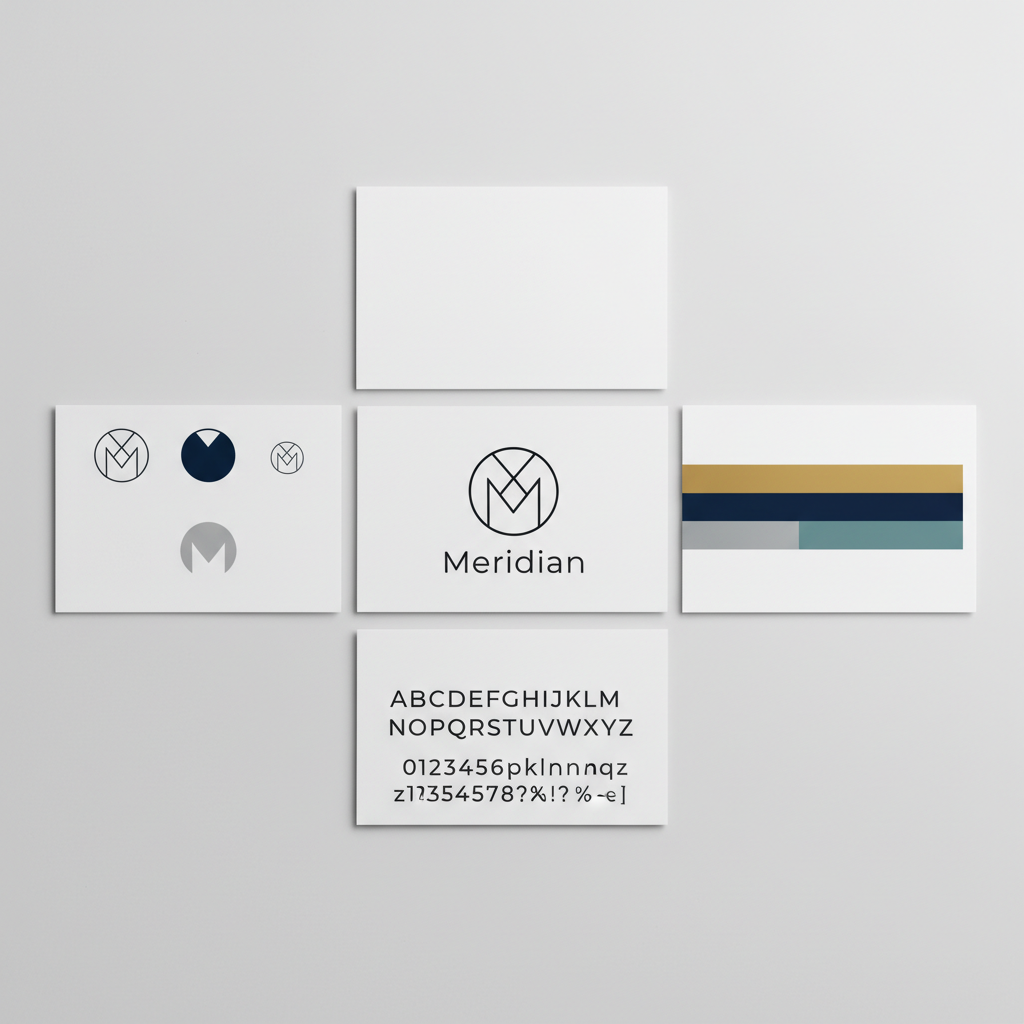 Meridian brand identity system displayed on various mockups including business cards, signage, and packaging