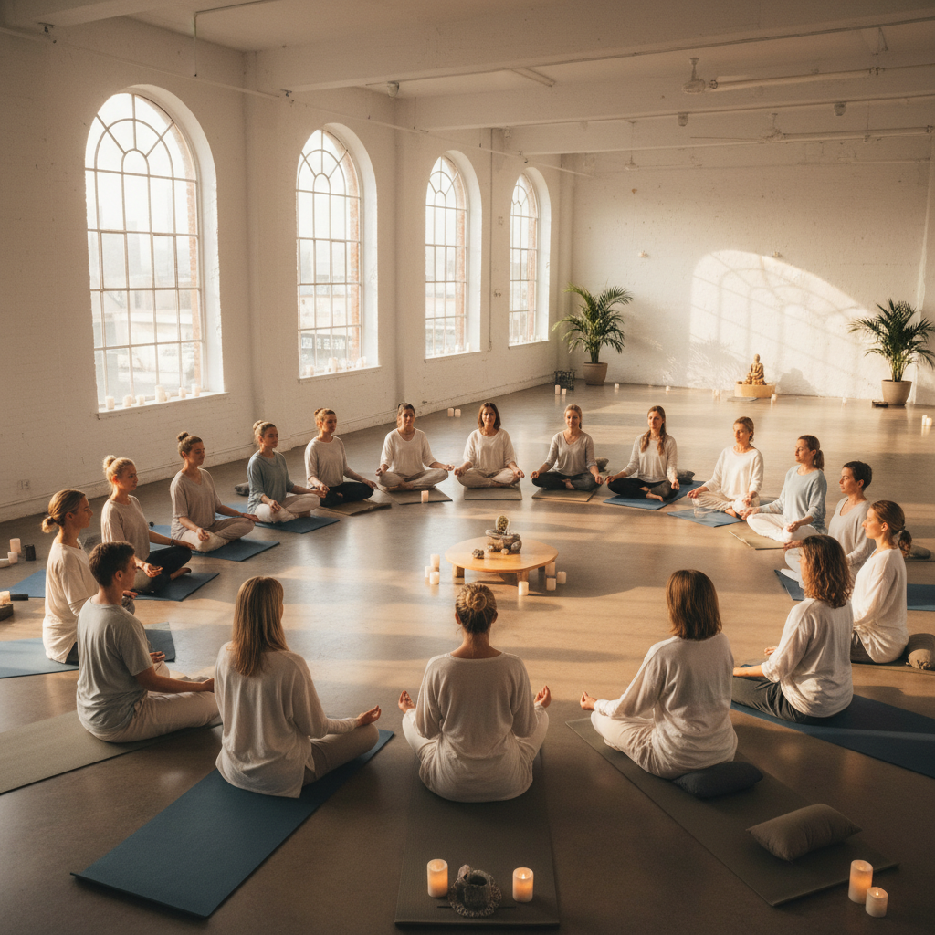 Group meditation session in serene studio, soft diffused lighting, people seated in mindful poses, warm tones