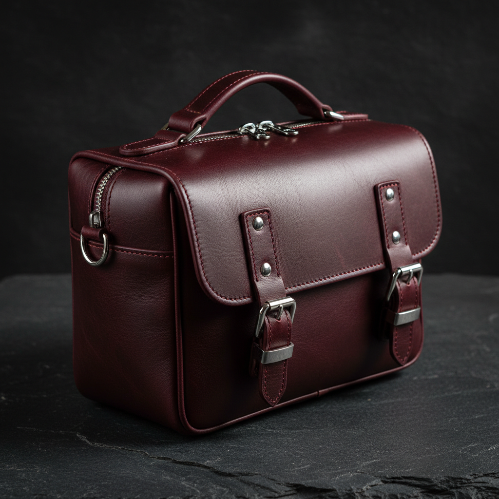 Closed Meridian camera bag in deep burgundy full-grain leather on a dark stone surface, chrome hardware catching light