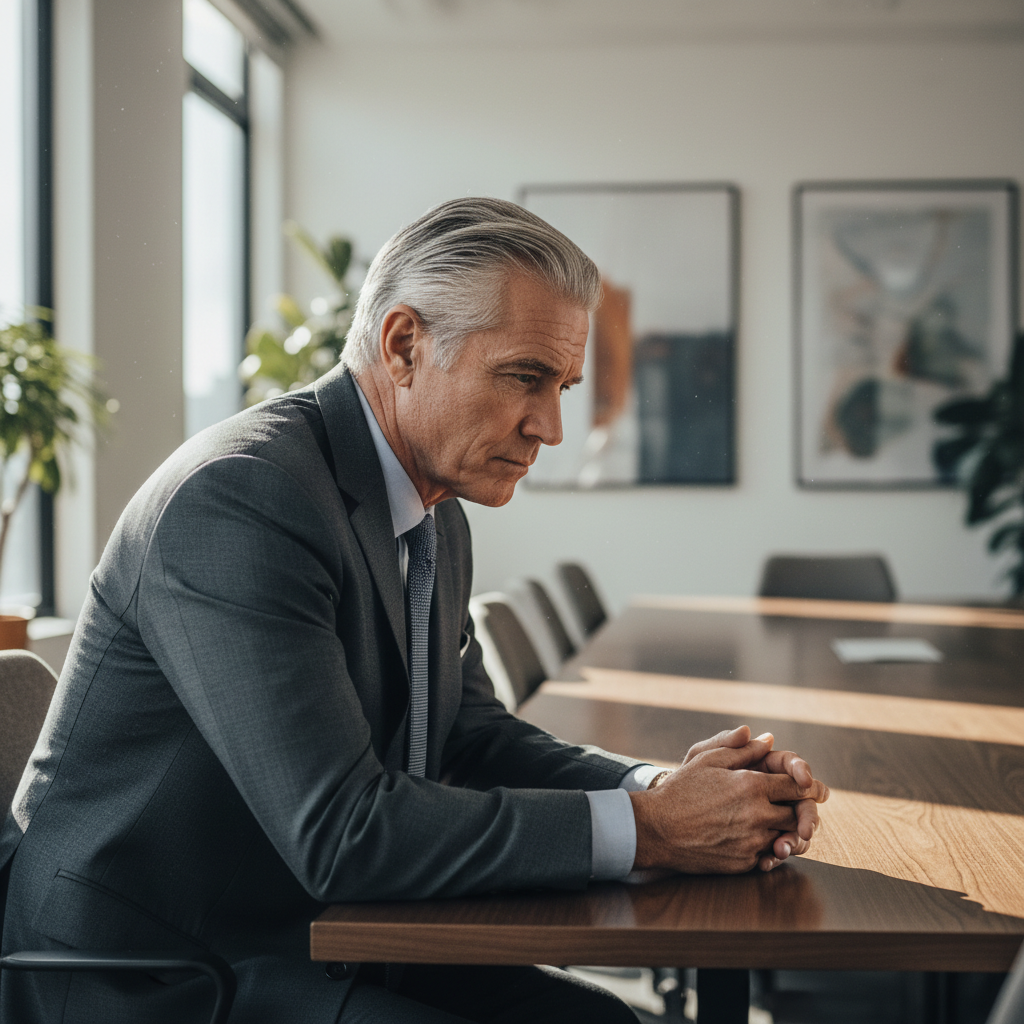 Senior partner leaning forward in thought during meeting